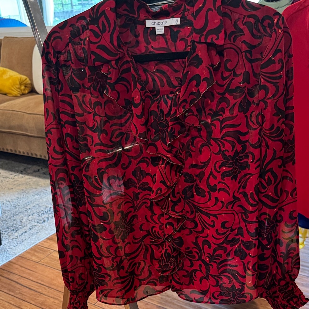 Chico's Elegant Red and Black Patterned Blouse